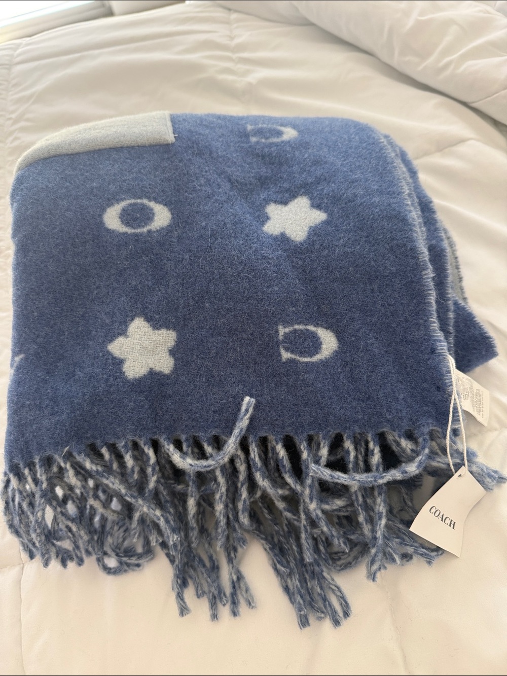 Coach Blue Star & C Motif Fringe Throw Blanket